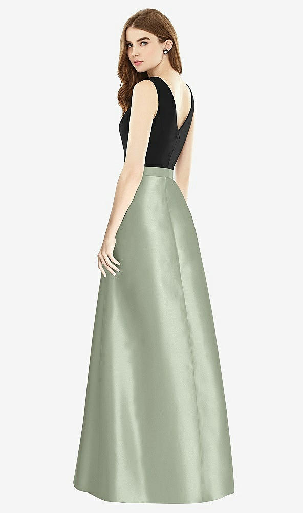 Back View - Sage & Black Sleeveless A-Line Satin Dress with Pockets