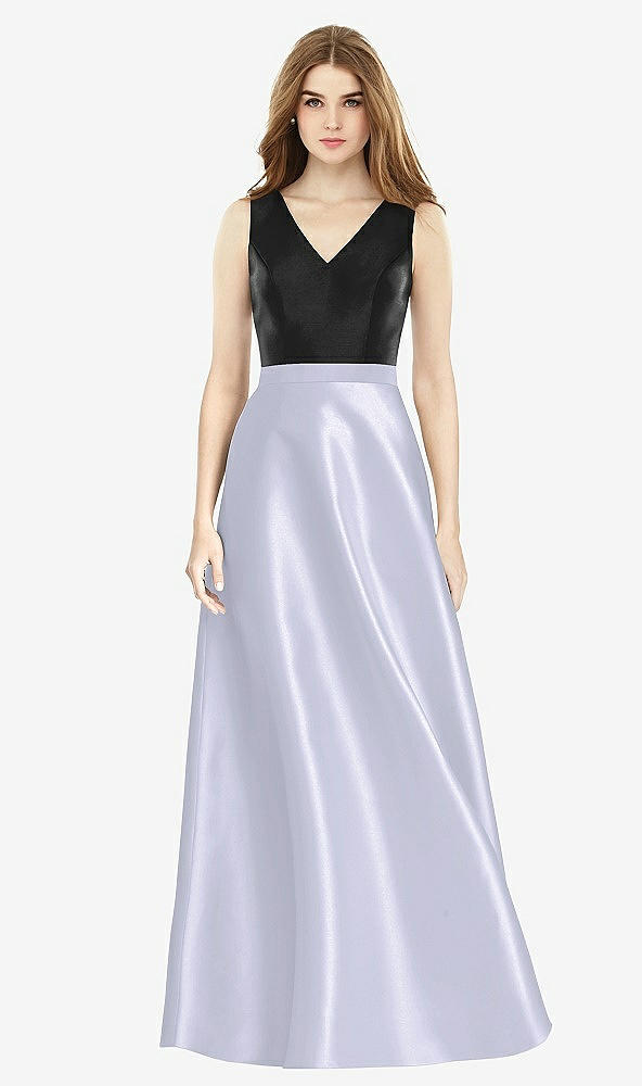 Front View - Silver Dove & Black Sleeveless A-Line Satin Dress with Pockets