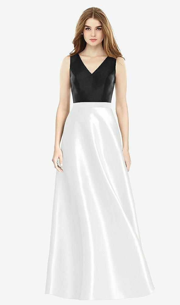 Front View - White & Black Sleeveless A-Line Satin Dress with Pockets