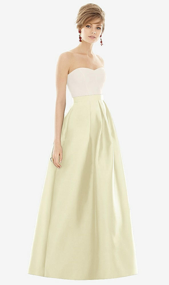 Front View - Butter Yellow & Ivory Strapless Pleated Skirt Maxi Dress with Pockets