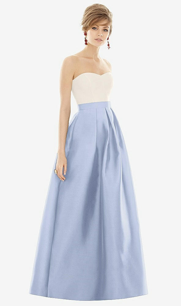 Front View - Sky Blue & Ivory Strapless Pleated Skirt Maxi Dress with Pockets