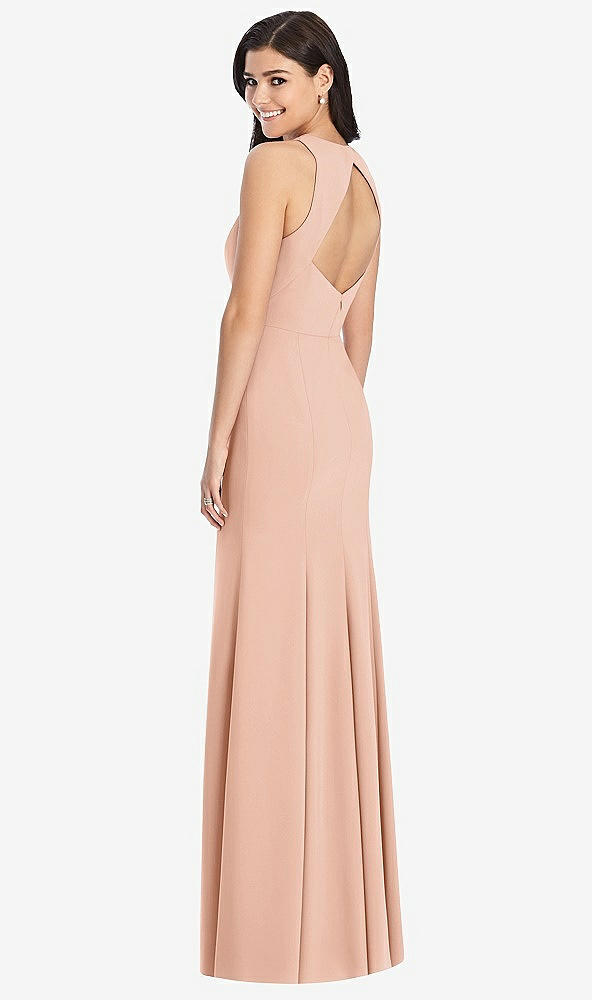 Back View - Pale Peach Diamond Cutout Back Trumpet Gown with Front Slit