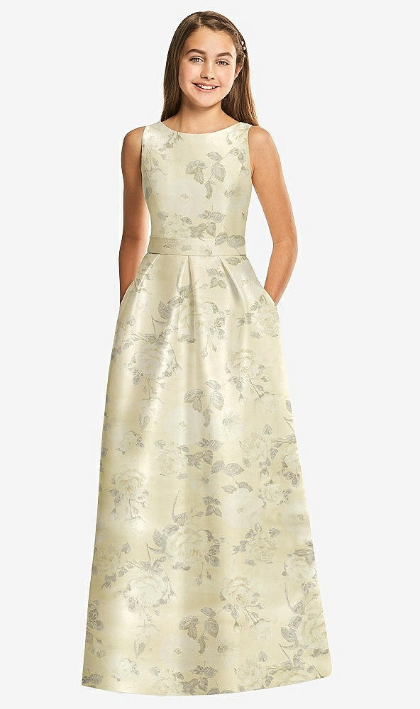 Front View - Butter Yellow Floral Floral Bateau Neck Maxi Junior Bridesmaid Dress with Pockets