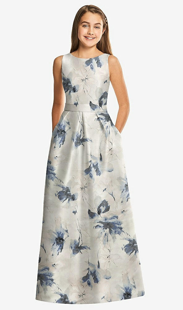 Front View - Inkwash Blue Floral Floral Bateau Neck Maxi Junior Bridesmaid Dress with Pockets