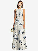 Front View Thumbnail - Inkwash Blue Floral Floral Sleeveless Open-Back Satin Junior Bridesmaid Dress