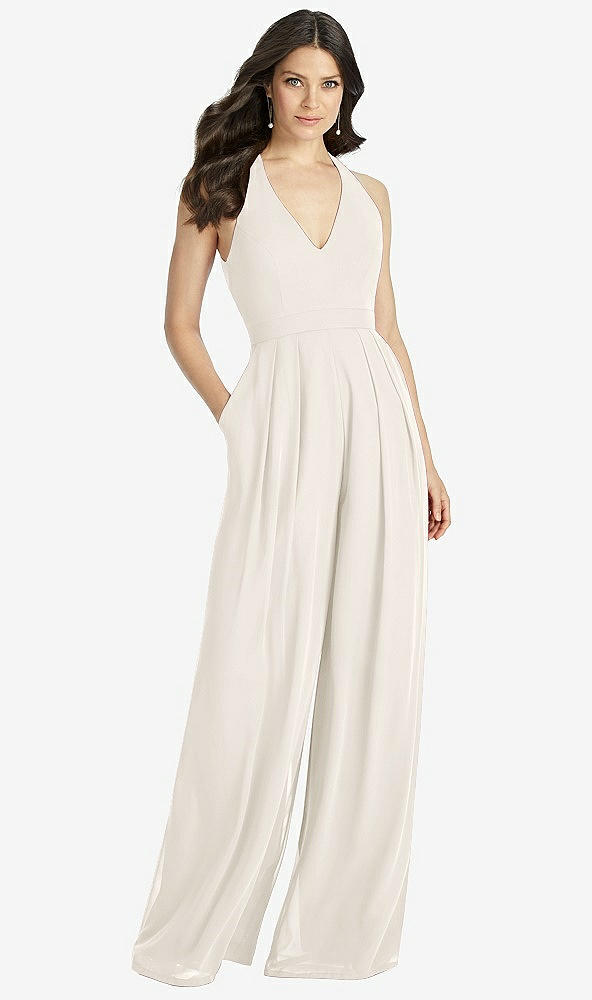 Front View - Ivory V-Neck Backless Pleated Front Jumpsuit