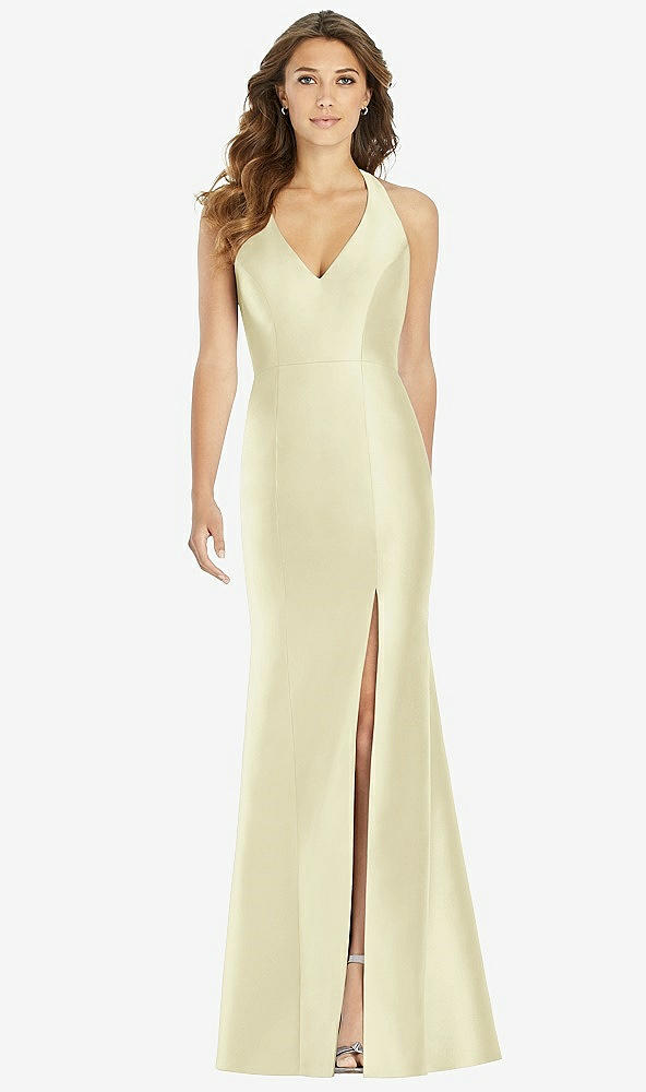 Front View - Butter Yellow V-Neck Halter Satin Trumpet Gown
