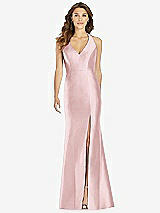 Front View Thumbnail - Ballet Pink V-Neck Halter Satin Trumpet Gown
