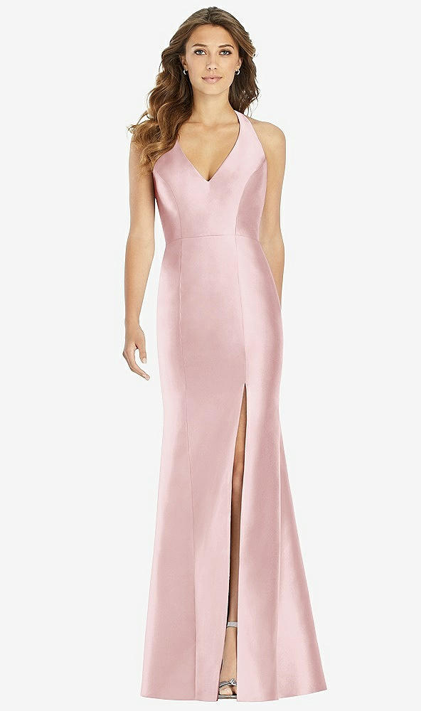 Front View - Ballet Pink V-Neck Halter Satin Trumpet Gown