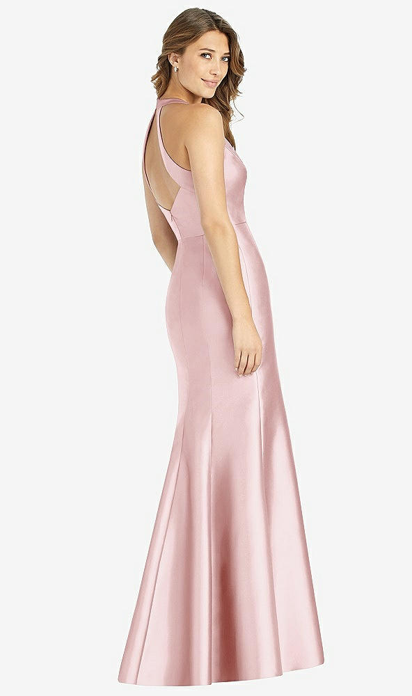 Back View - Ballet Pink V-Neck Halter Satin Trumpet Gown