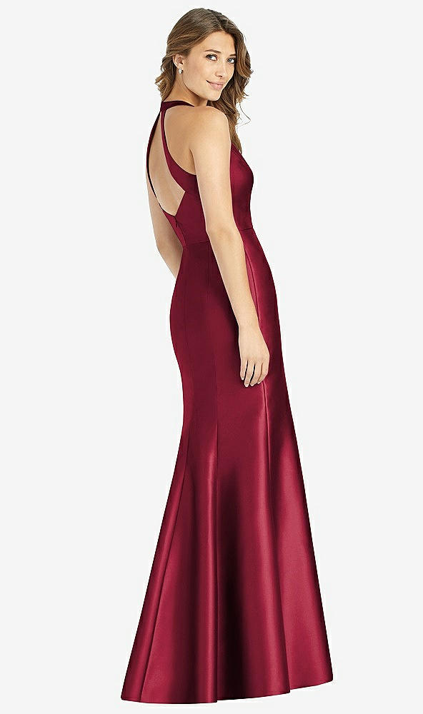 Back View - Burgundy V-Neck Halter Satin Trumpet Gown