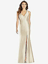 Front View Thumbnail - Champagne V-Neck Halter Satin Trumpet Gown