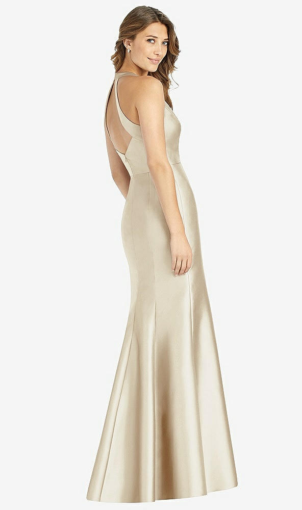 Back View - Champagne V-Neck Halter Satin Trumpet Gown
