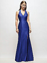 Alt View 1 Thumbnail - Cobalt Blue V-Neck Halter Satin Trumpet Gown