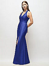 Alt View 2 Thumbnail - Cobalt Blue V-Neck Halter Satin Trumpet Gown
