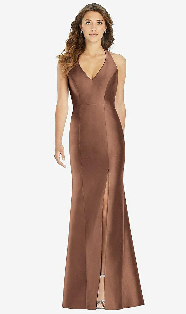 Front View - Cognac V-Neck Halter Satin Trumpet Gown