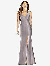 Front View Thumbnail - Cashmere Gray V-Neck Halter Satin Trumpet Gown