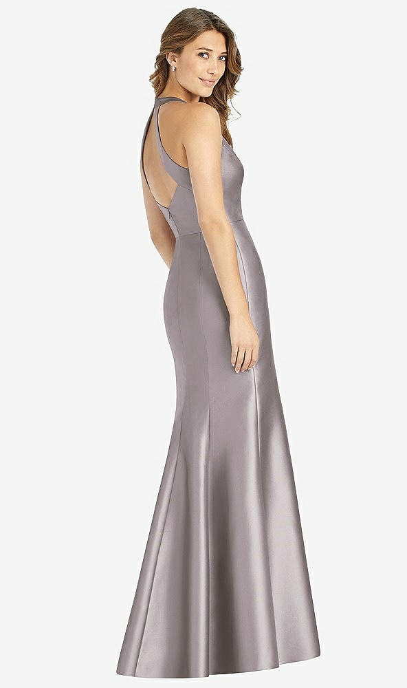 Back View - Cashmere Gray V-Neck Halter Satin Trumpet Gown