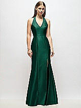 Alt View 1 Thumbnail - Hunter Green V-Neck Halter Satin Trumpet Gown