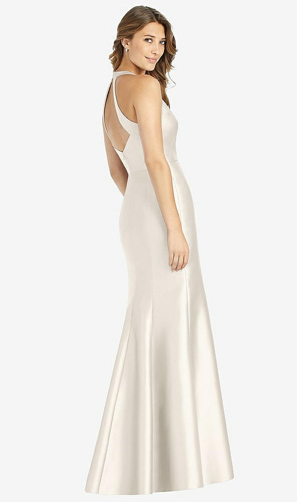 Back View - Ivory V-Neck Halter Satin Trumpet Gown