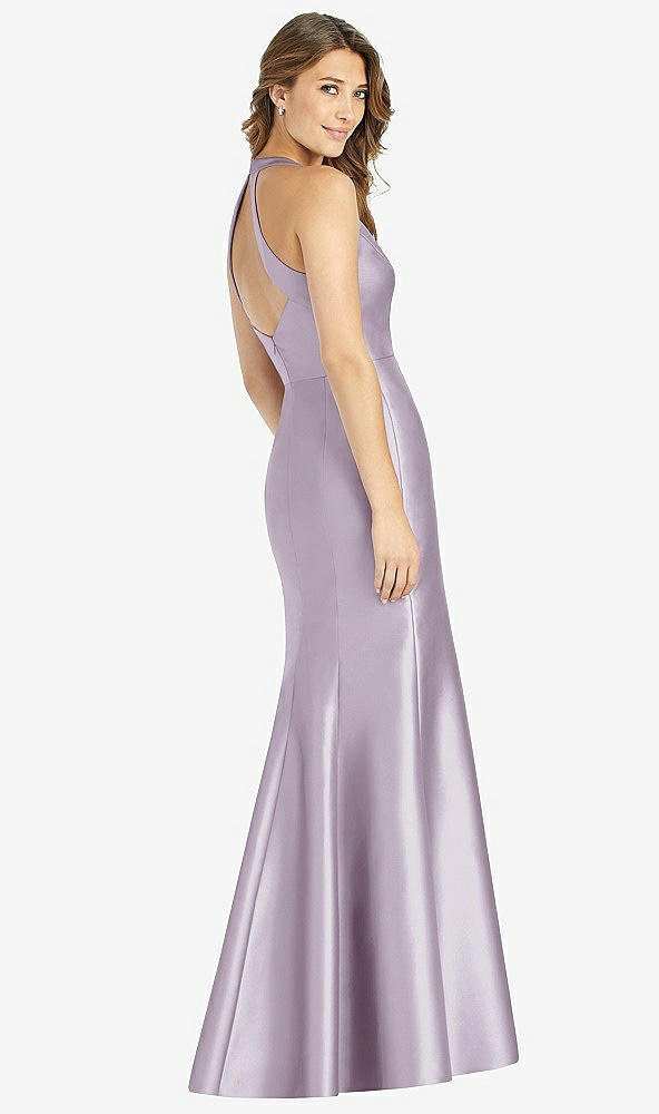 Back View - Lilac Haze V-Neck Halter Satin Trumpet Gown