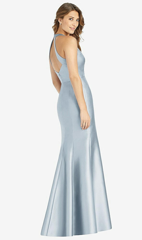 Back View - Mist V-Neck Halter Satin Trumpet Gown
