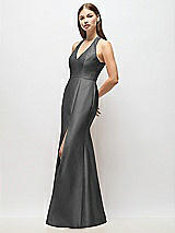 Alt View 2 Thumbnail - Pewter V-Neck Halter Satin Trumpet Gown