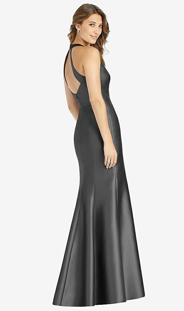 Back View - Pewter V-Neck Halter Satin Trumpet Gown