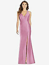 Front View Thumbnail - Powder Pink V-Neck Halter Satin Trumpet Gown