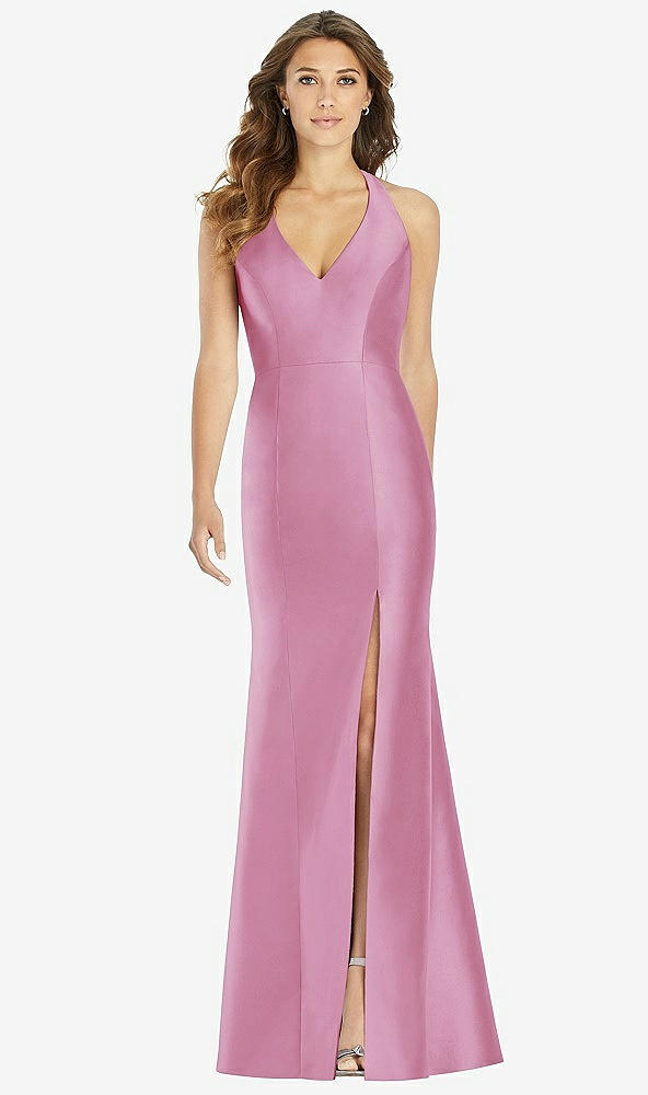 Front View - Powder Pink V-Neck Halter Satin Trumpet Gown