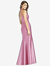 Rear View Thumbnail - Powder Pink V-Neck Halter Satin Trumpet Gown