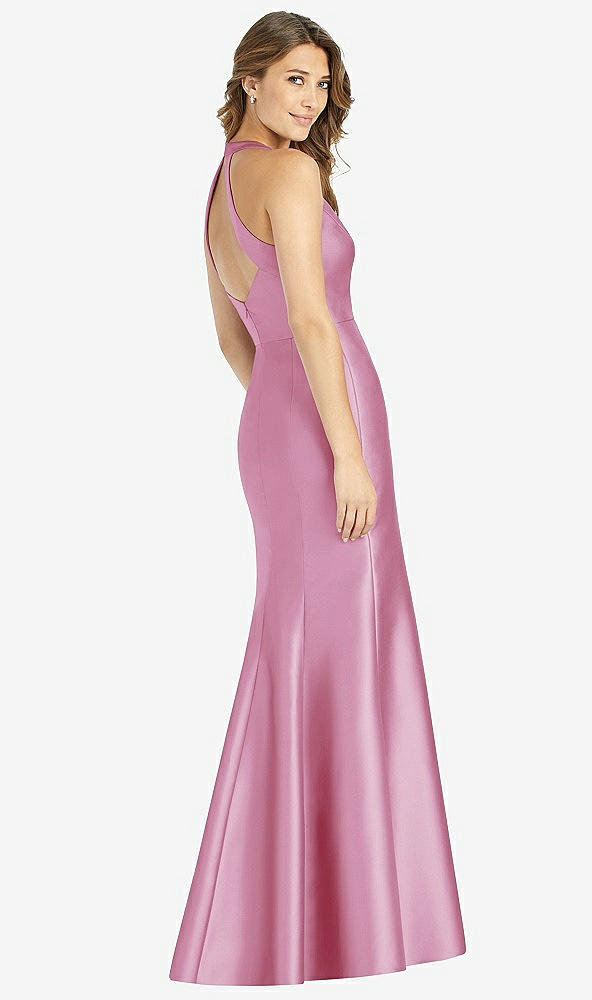 Back View - Powder Pink V-Neck Halter Satin Trumpet Gown