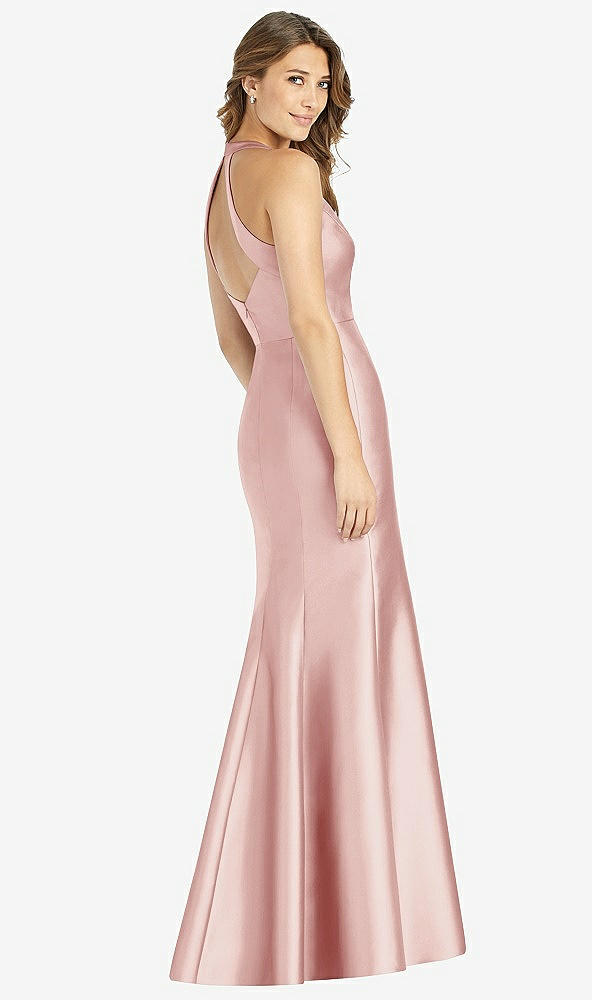 Back View - Rose V-Neck Halter Satin Trumpet Gown