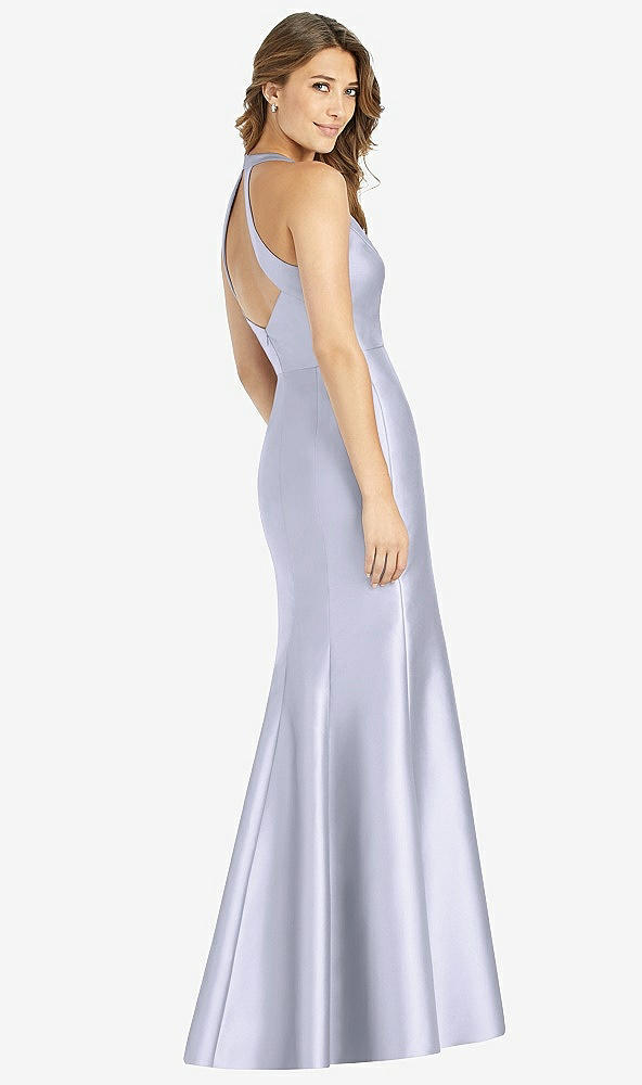 Back View - Silver Dove V-Neck Halter Satin Trumpet Gown