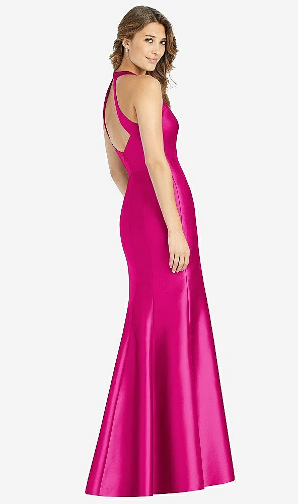 Back View - Think Pink V-Neck Halter Satin Trumpet Gown