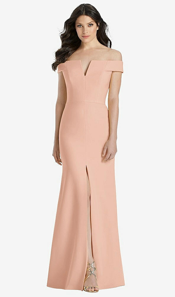 Front View - Pale Peach Off-the-Shoulder Notch Trumpet Gown with Front Slit