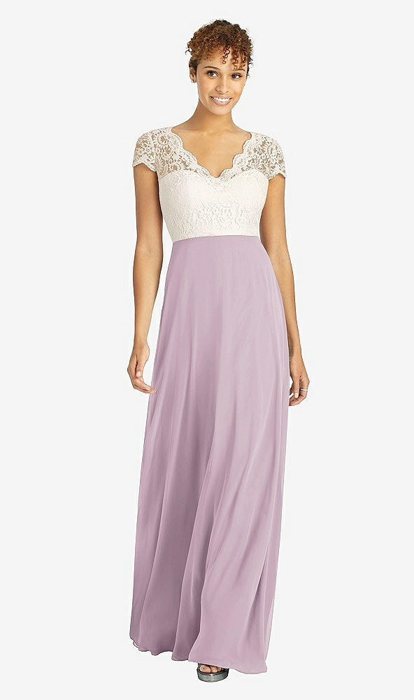 Front View - Suede Rose & Ivory Cap Sleeve Illusion-Back Lace and Chiffon Dress