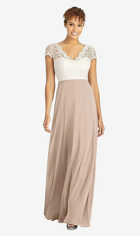 Front View - Topaz & Ivory Cap Sleeve Illusion-Back Lace and Chiffon Dress