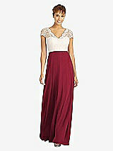 Front View Thumbnail - Burgundy & Ivory Cap Sleeve Illusion-Back Lace and Chiffon Dress