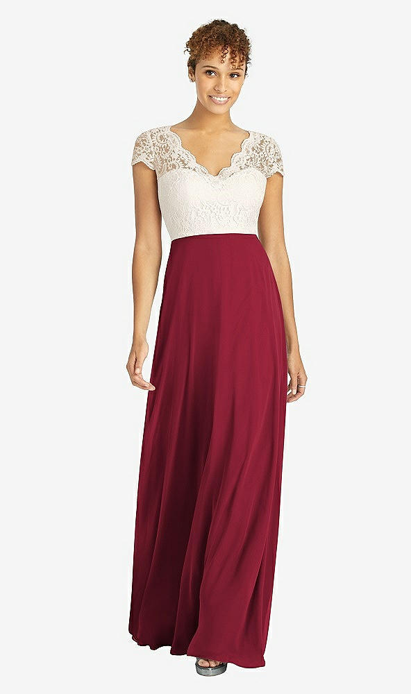 Front View - Burgundy & Ivory Cap Sleeve Illusion-Back Lace and Chiffon Dress
