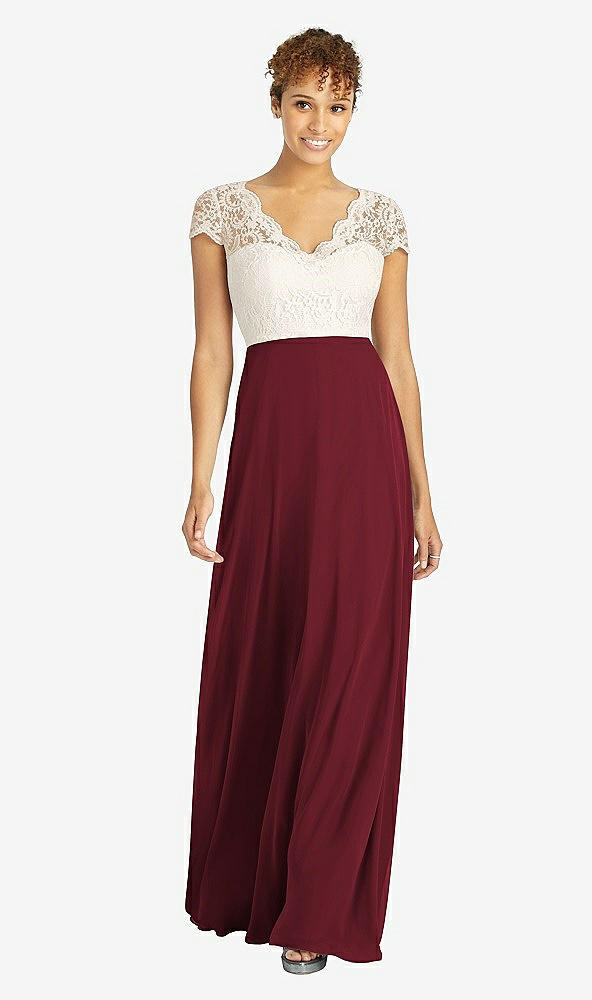 Front View - Cabernet & Ivory Cap Sleeve Illusion-Back Lace and Chiffon Dress