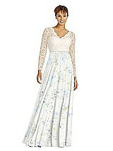 Front View Thumbnail - Bleu Garden & Ivory Long Sleeve Illusion-Back Lace and Chiffon Dress