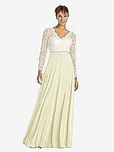 Front View Thumbnail - Butter Yellow & Ivory Long Sleeve Illusion-Back Lace and Chiffon Dress
