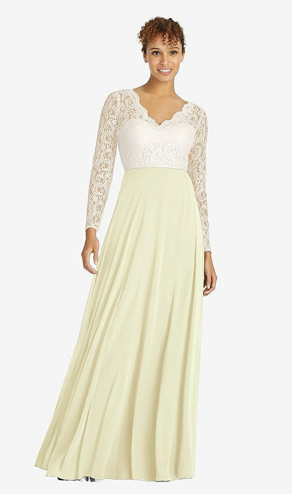 Front View - Butter Yellow & Ivory Long Sleeve Illusion-Back Lace and Chiffon Dress