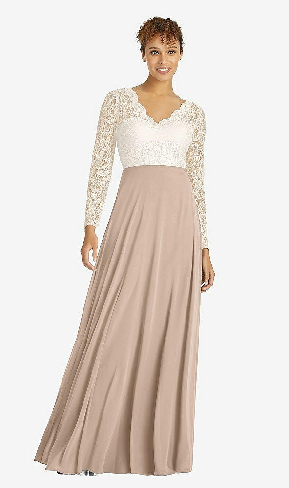 Front View - Topaz & Ivory Long Sleeve Illusion-Back Lace and Chiffon Dress