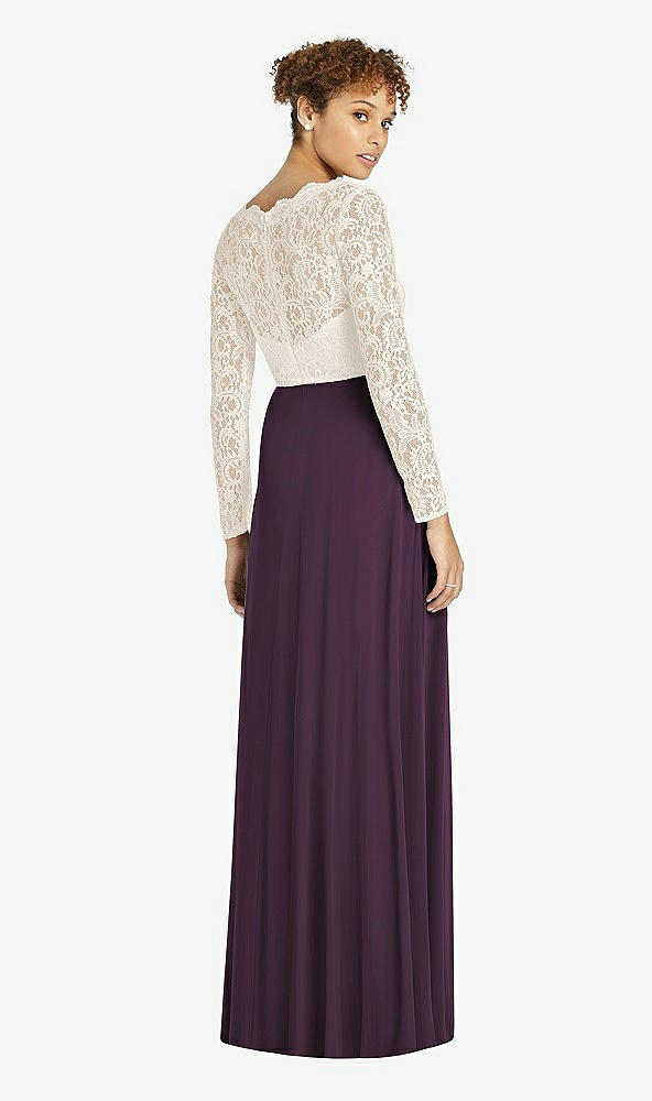 Back View - Aubergine & Ivory Long Sleeve Illusion-Back Lace and Chiffon Dress