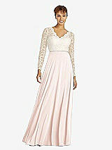 Front View Thumbnail - Blush & Ivory Long Sleeve Illusion-Back Lace and Chiffon Dress