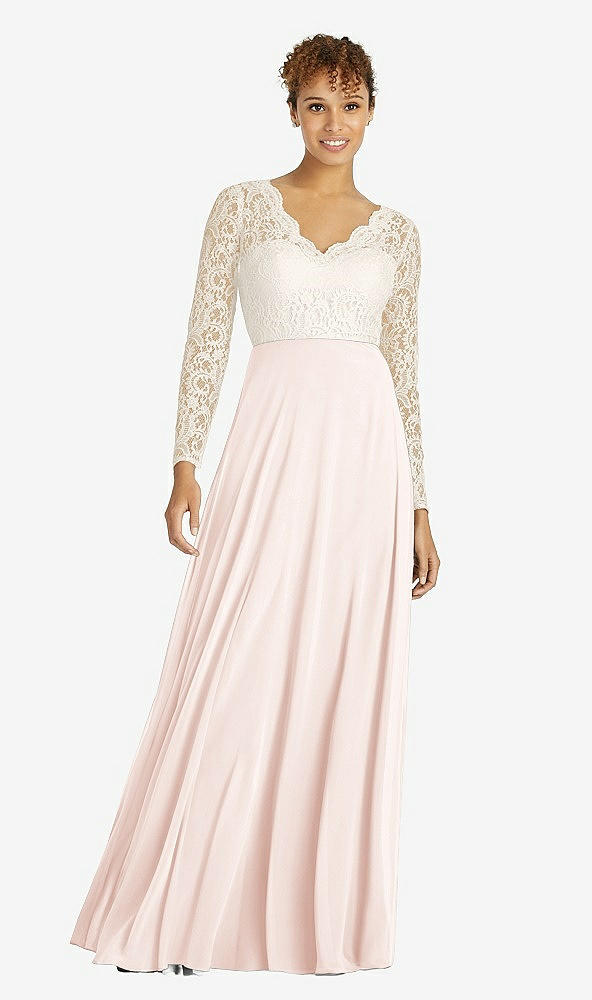 Front View - Blush & Ivory Long Sleeve Illusion-Back Lace and Chiffon Dress