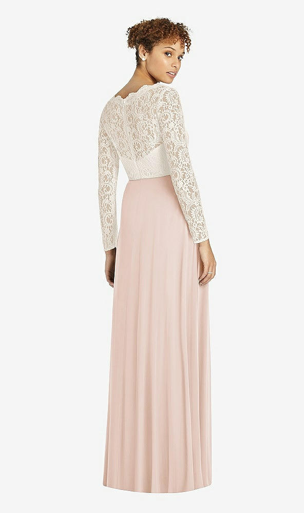 Back View - Cameo & Ivory Long Sleeve Illusion-Back Lace and Chiffon Dress