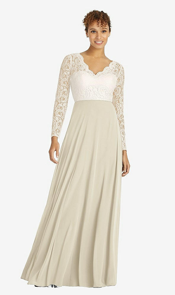 Front View - Champagne & Ivory Long Sleeve Illusion-Back Lace and Chiffon Dress